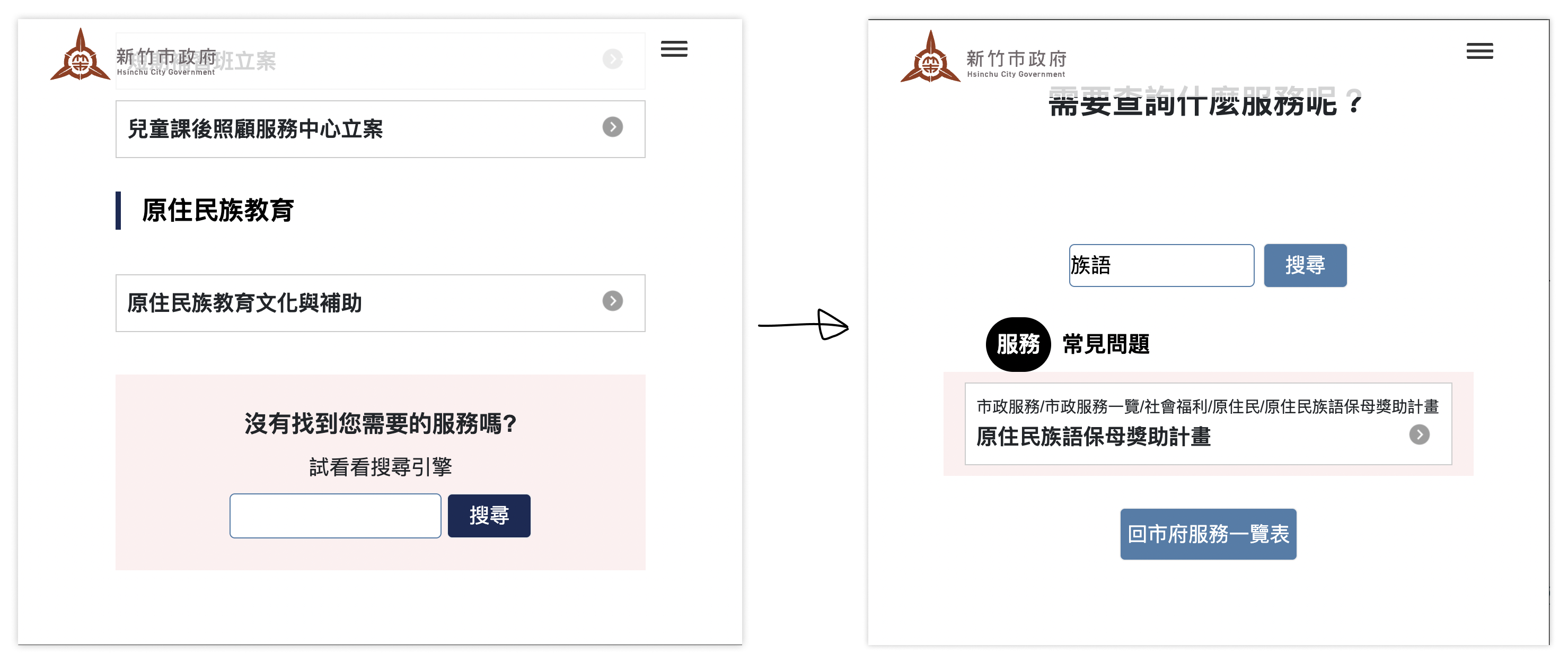 搜尋引擎會尋網站內相關的服務與常見問題